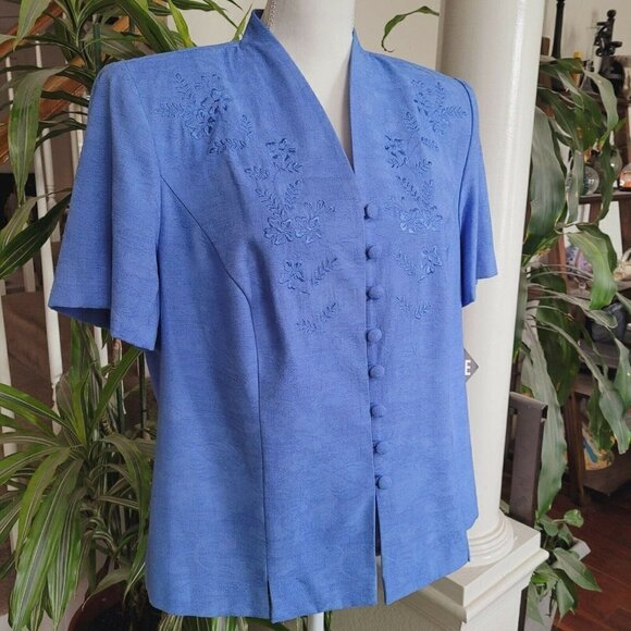 Vintage Sz 14W Lady Dorby Blouse Button Front Mature Modest Church Shoulder Pads - Picture 2 of 11